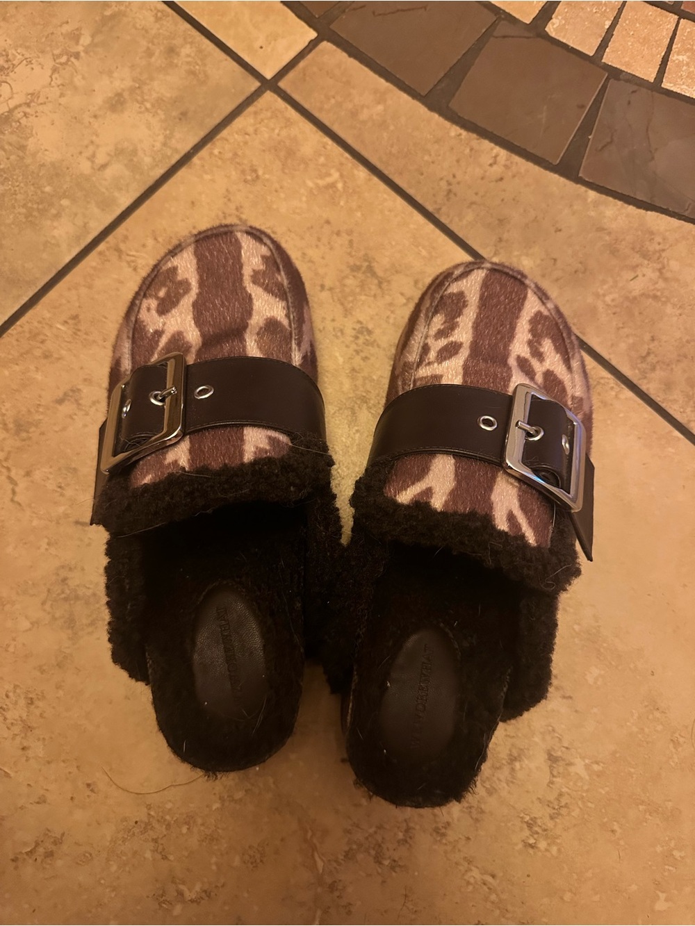 WeWoreWhat Brown & Cream Leopard Print Faux Fur Clog Mules with Buckle
